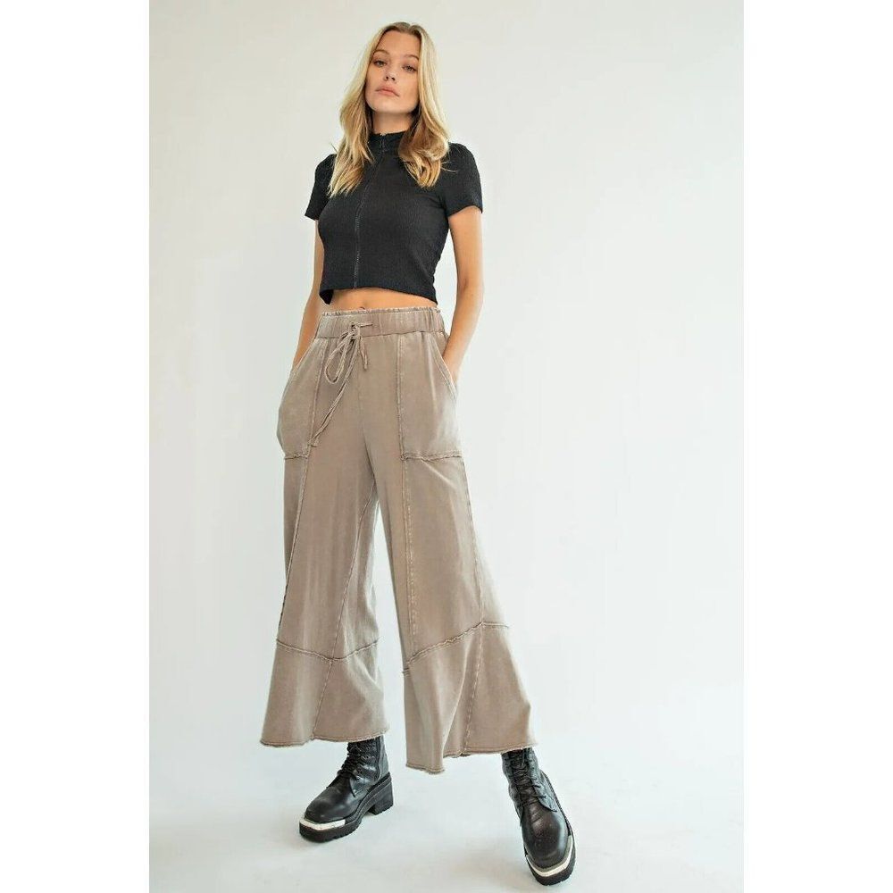 Easel Washed Terry Knit Wide Leg Boho Bohemian Pants in Mushroom S-L EB40706 - Picture 2 of 4